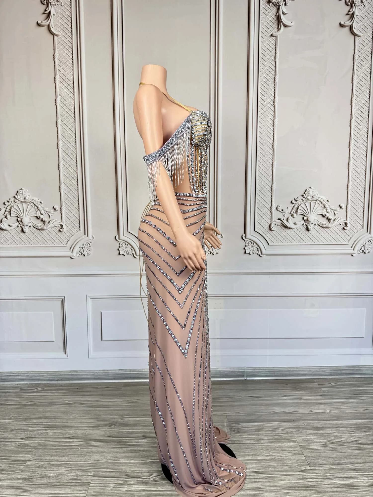 Gorgeous Rhinestone Fashionable Evening Dress Sexy off Shoulder Slit Dress Birthday Wedding Banquet Party Celebrity Dress saidao