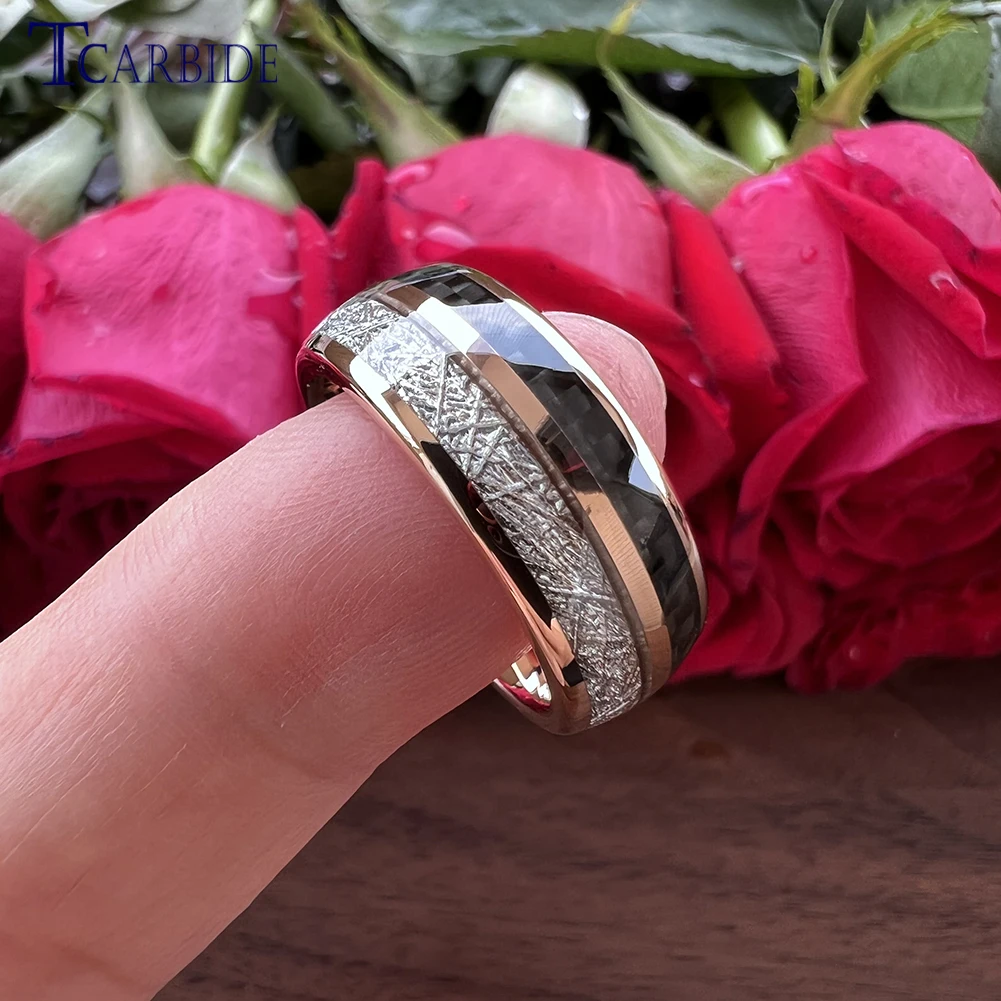 8MM Men Women Tungsten Wedding Band With White Meteorite And Black Carbon Fiber Inlay Trendy Gift Jewelry Comfort Fit