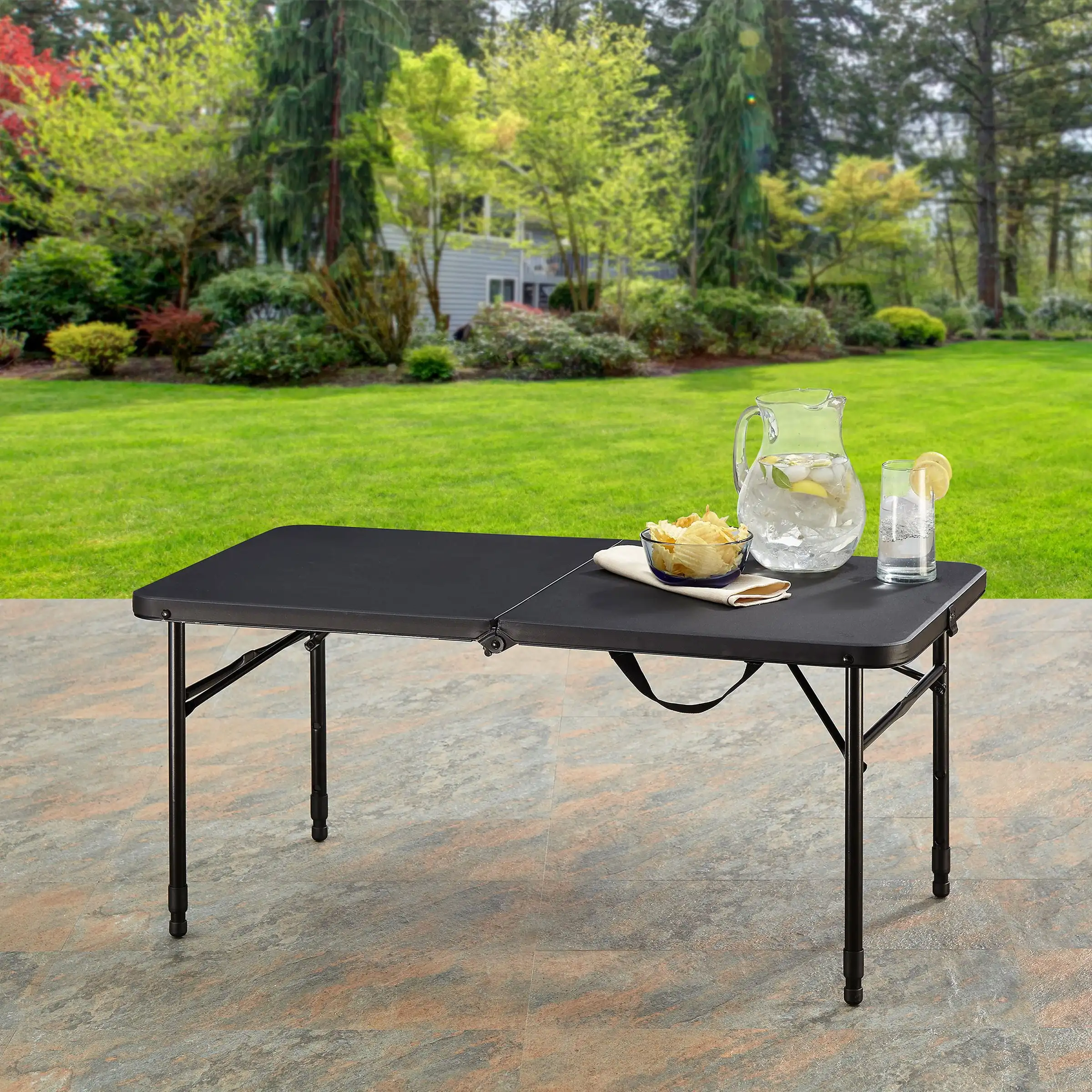 Mainstays 40"L x 20"W Plastic Adjustable Height Fold-in-Half Folding Table, Rich Black