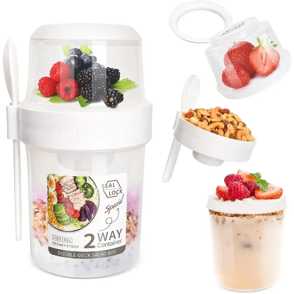 Salad Cup Breakfast Cups Portable Food Storage Bento Box Oatmeal Cereal Nut Yogurt Container Set with Fork for School view 2