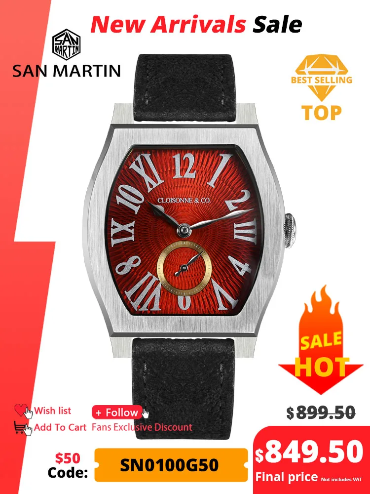 

San Martin 36mm ETA 7001 Guilloche Dial Barrel Shaped Enamel Hand Luxury Men's Mechanical Watch Manual Winding Waterproof SN0100