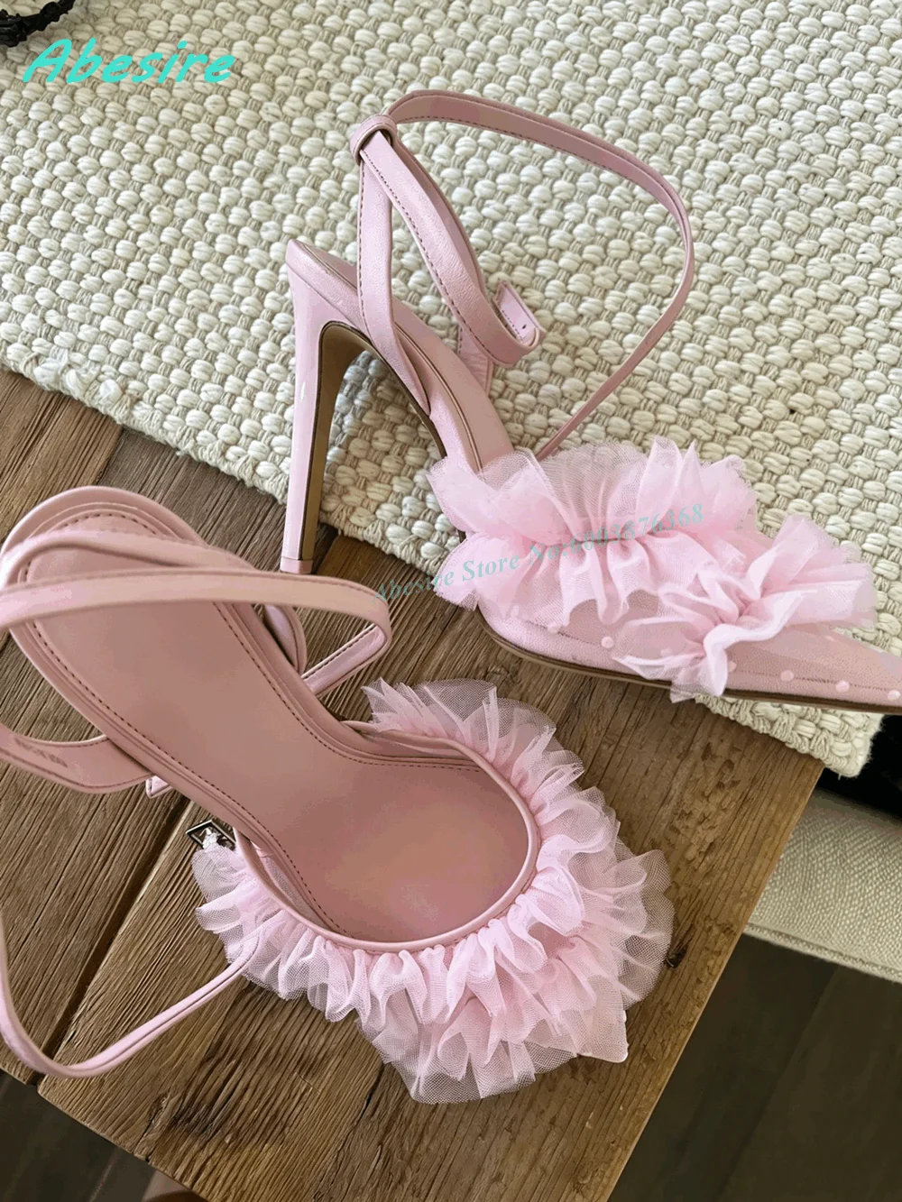 Pink Ruffled PointedToe Sandals Ankle Strap Stiletto Heels Women's Sandals Summer Elegant Party Wedding Fashion Show Shoes