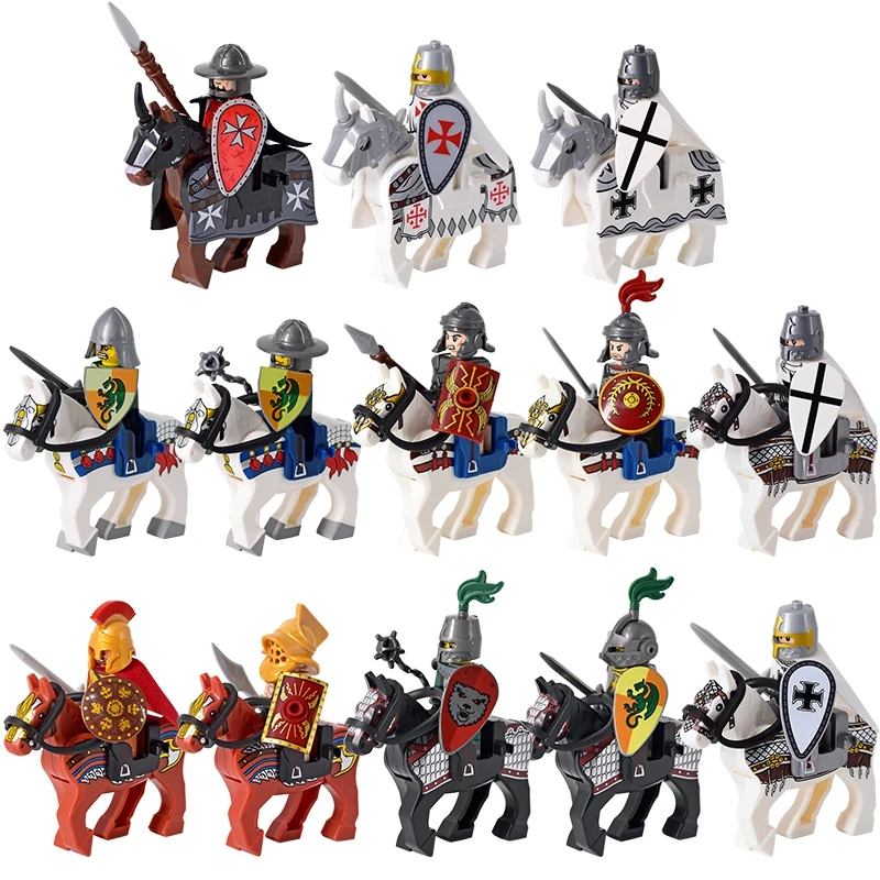 Mittelalterlichen Figuren Mittelalter Rom Krieger Ritter Ranger Soldaten Pferd Burg König Bausteine Ziegel Spielzeug für Kinder geschenke