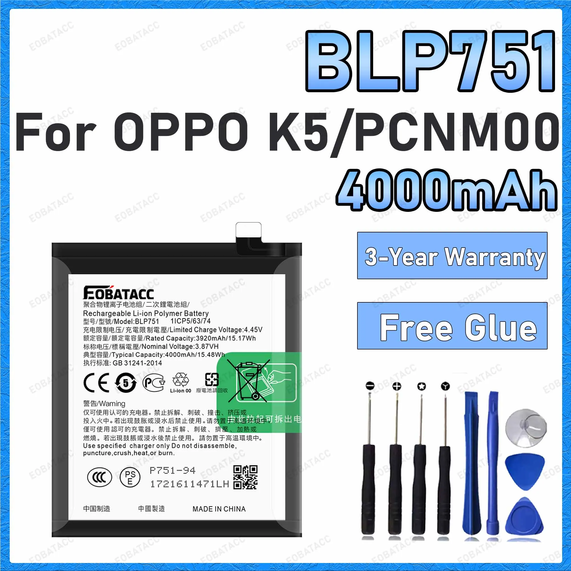High Quality 4000mAh BLP751 Battery For OPPO K5/PCNM00 Replacement Batteries+Free Tools