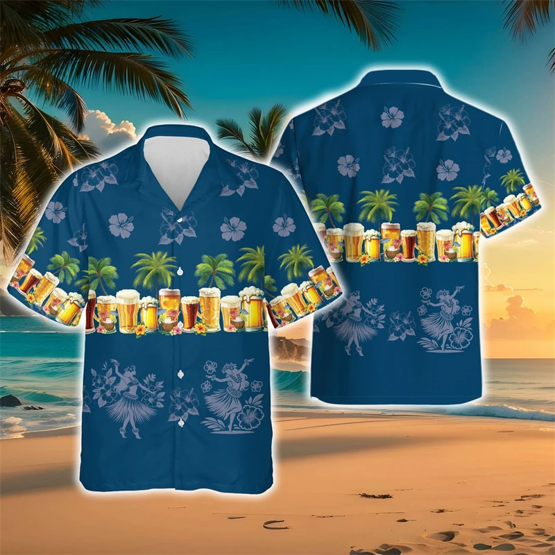 

Tropical Hula Drink Party Graphic Shirts For Men Clothes Casual Vacation Champagne Blouses Whiskey Scotch Juices Beer Lapel Top