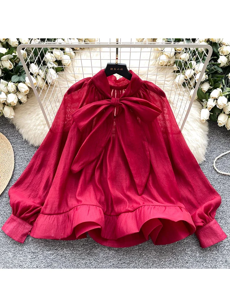 

Women's Autumn Blouse Korean Version Temperament Retro Bubble Sleeve Shirt Butterfly Tie Loose Mesh Style Top Blusa BL060
