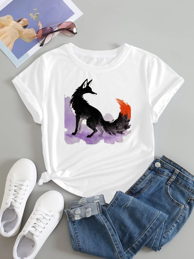 

Women's Short-sleeved T-shirt with Black Fox Print Round Neck Loose Fit Couple Style Summer Women's Clothing