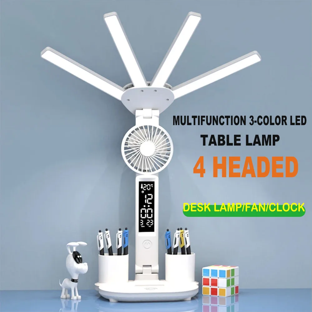 Multifunction 3 Color LED Table Lamp Four Headed Folding With Fan Clock Desk Lamp USB Charging Reading Night Light