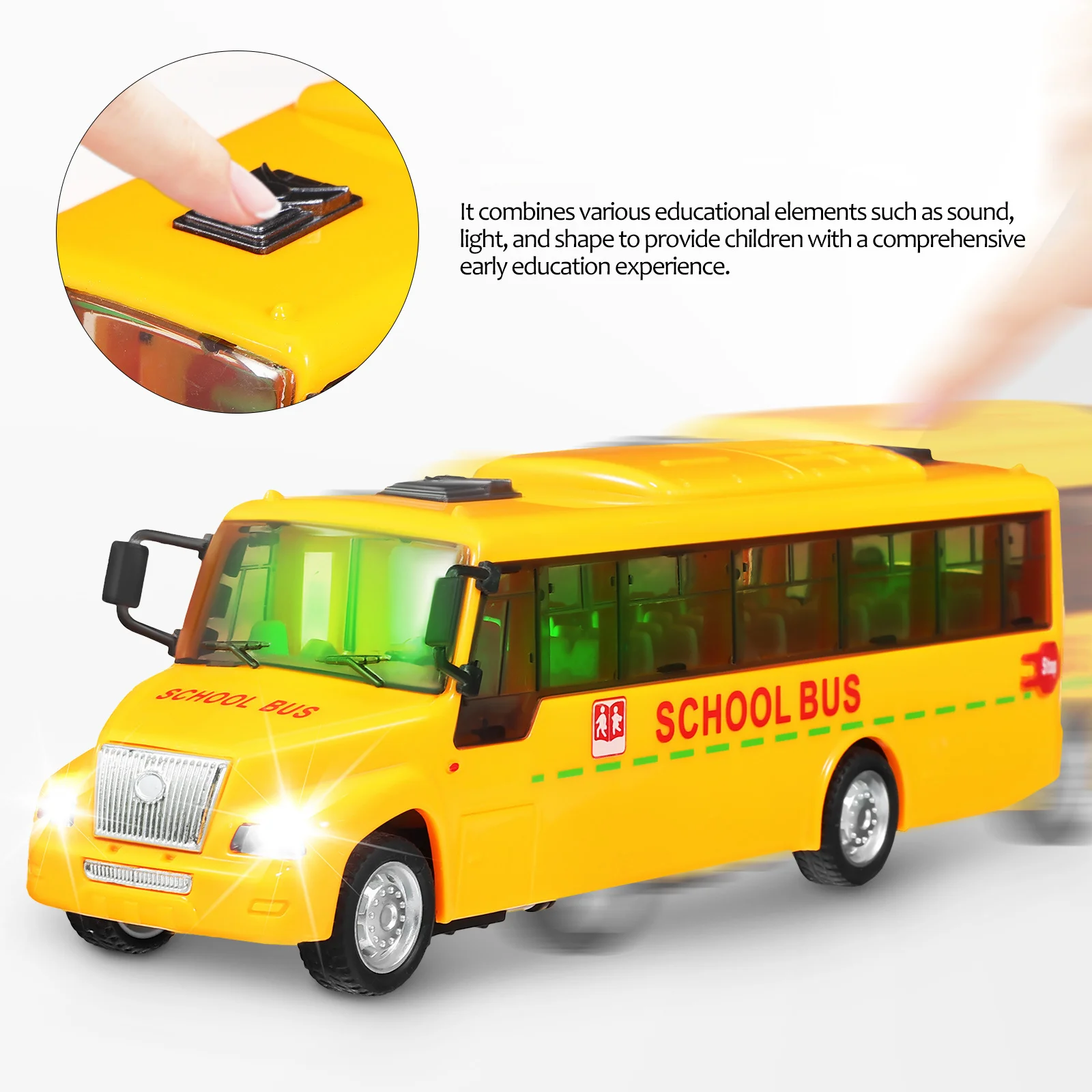 Simulazione del veicolo dell'autobus scolastico Tirare indietro il suono della luce Educazione precoce Bambini Coordinazione occhio-mano Parti mobili Porte aperte e chiuse