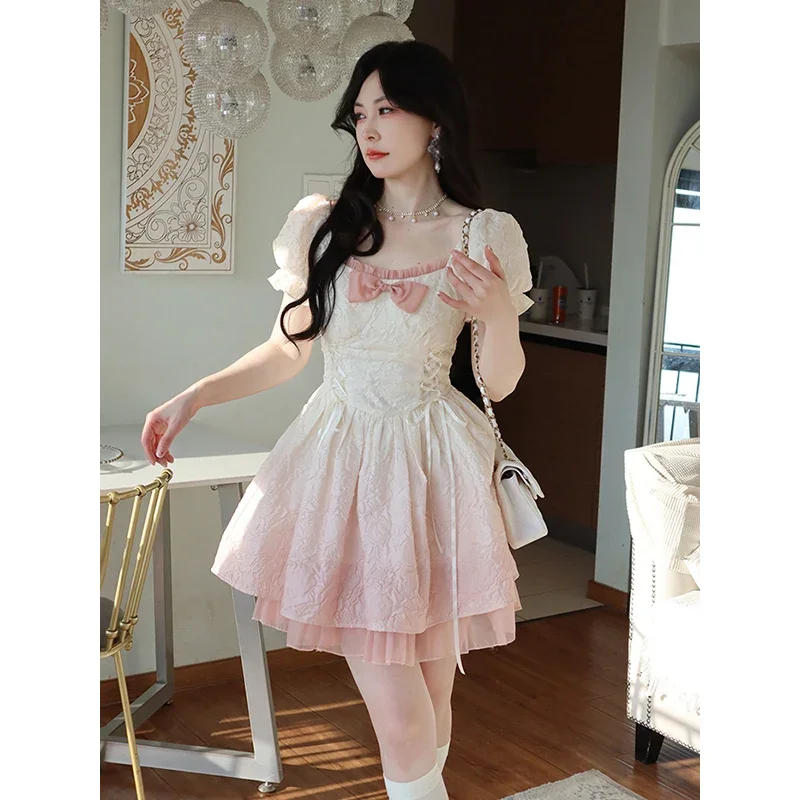 Fairy Princess Elegant Women Dress Short Sleeve Vintage Lolita Kawaii New Korean Fashion Y2K Girls Sweet Mini Summer Dress 2024