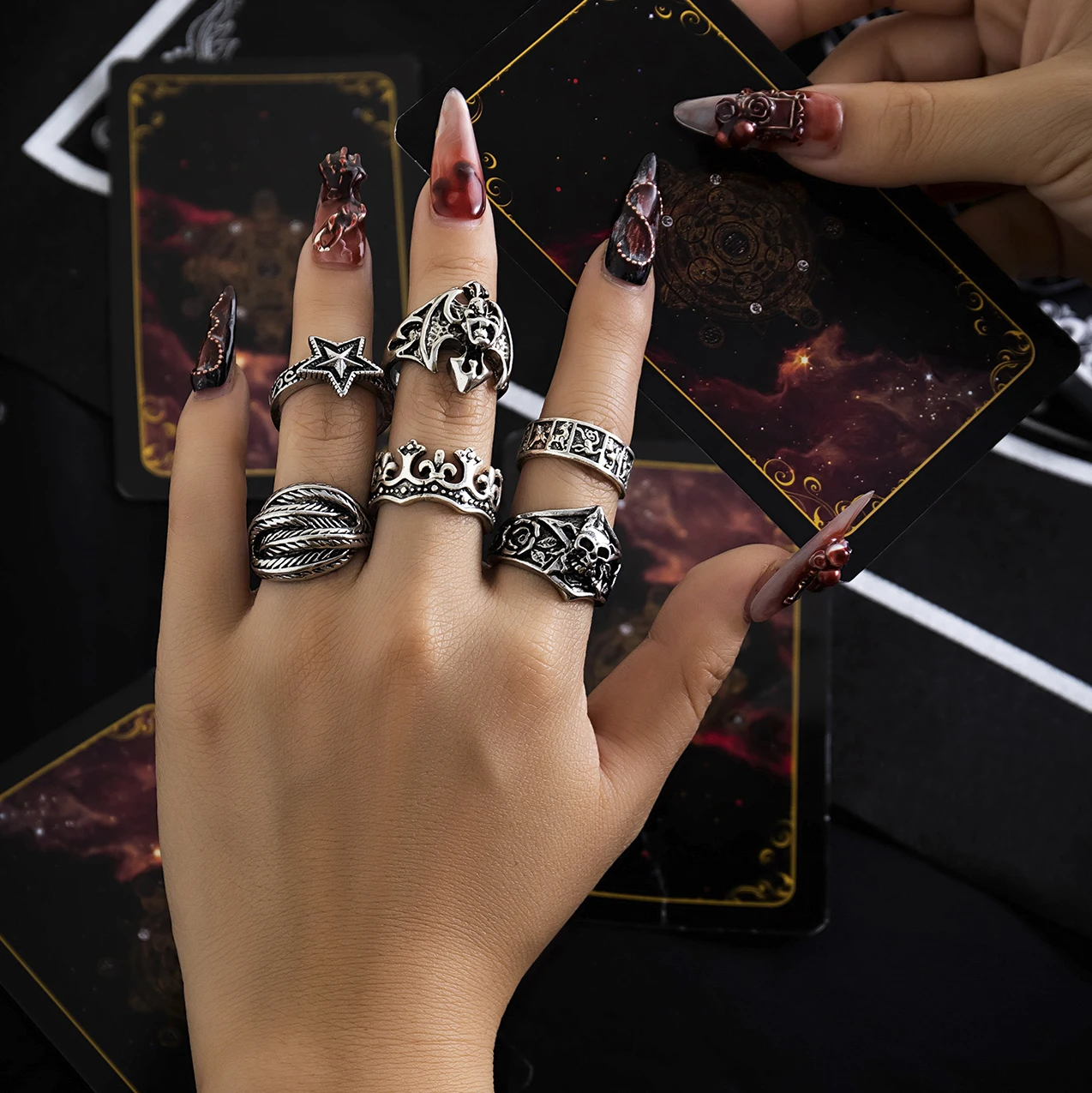 KunJoe 6pcs/set Halloween Jewelry Gothic Metal Skull Head Five Point Star Ring for Men Punk Silver Color Rings Party Gift