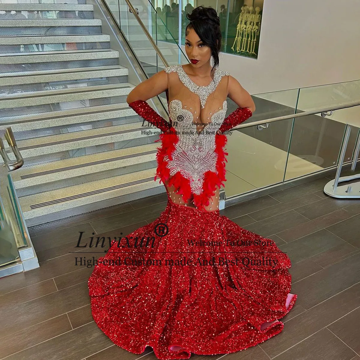 Glitter Crystal Red Long Mermaid Prom Dress For Black Girls Sparkly Rhinestones Evening Dress Formal OPen Back Party Gowns