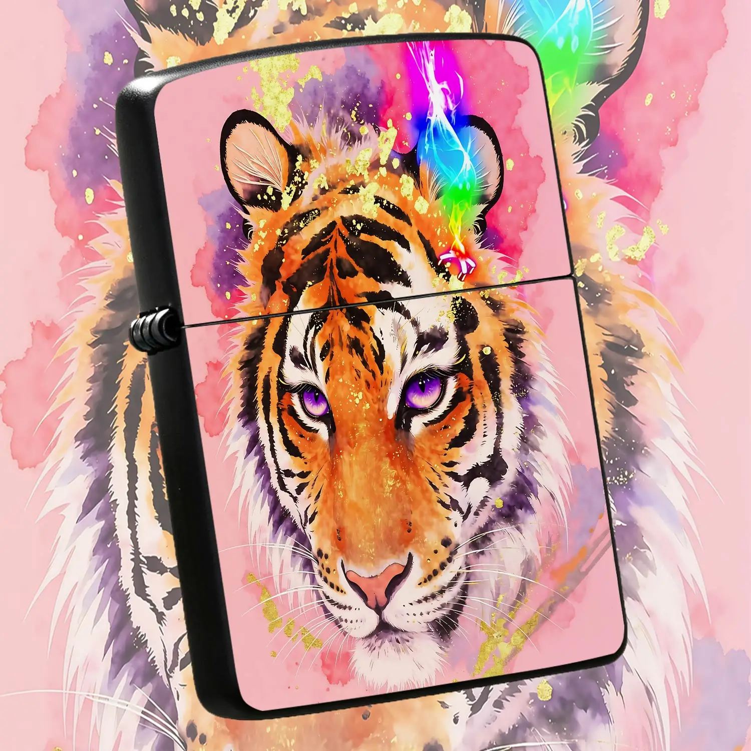 Creative Watercolor Tiger Theme Lighter, Dreamy Purple Eyes Colorful Tiger Head Decor Portable Accessory, Stylish Aesthetic Daily Carry Item, Ideal Gift Choice for Various Occasions and Festive Presents A Humorous And Interesting Lighter