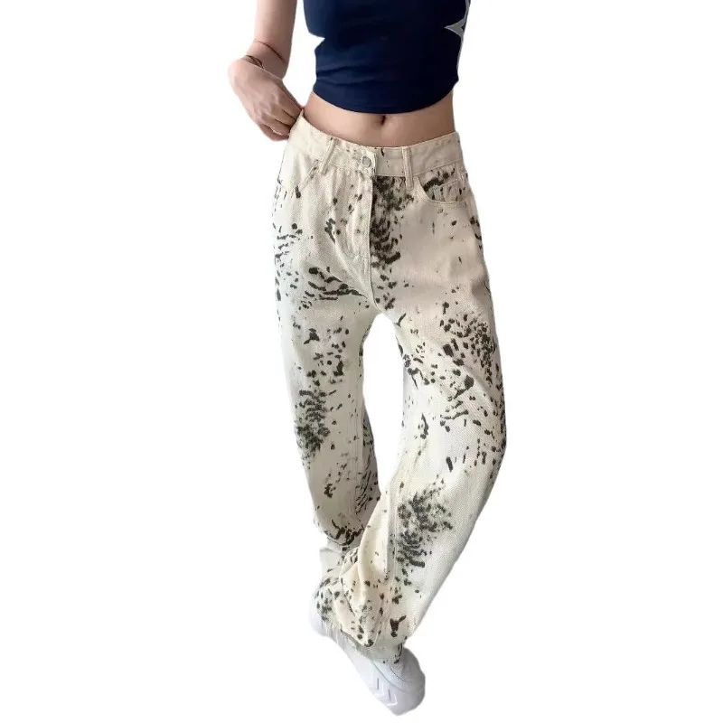 

plus size Y2K Women's American Trendy Vintage Leopard Print Jeans High Waist Slim Fit Straight Leg Versatile Fashion Denim Pants