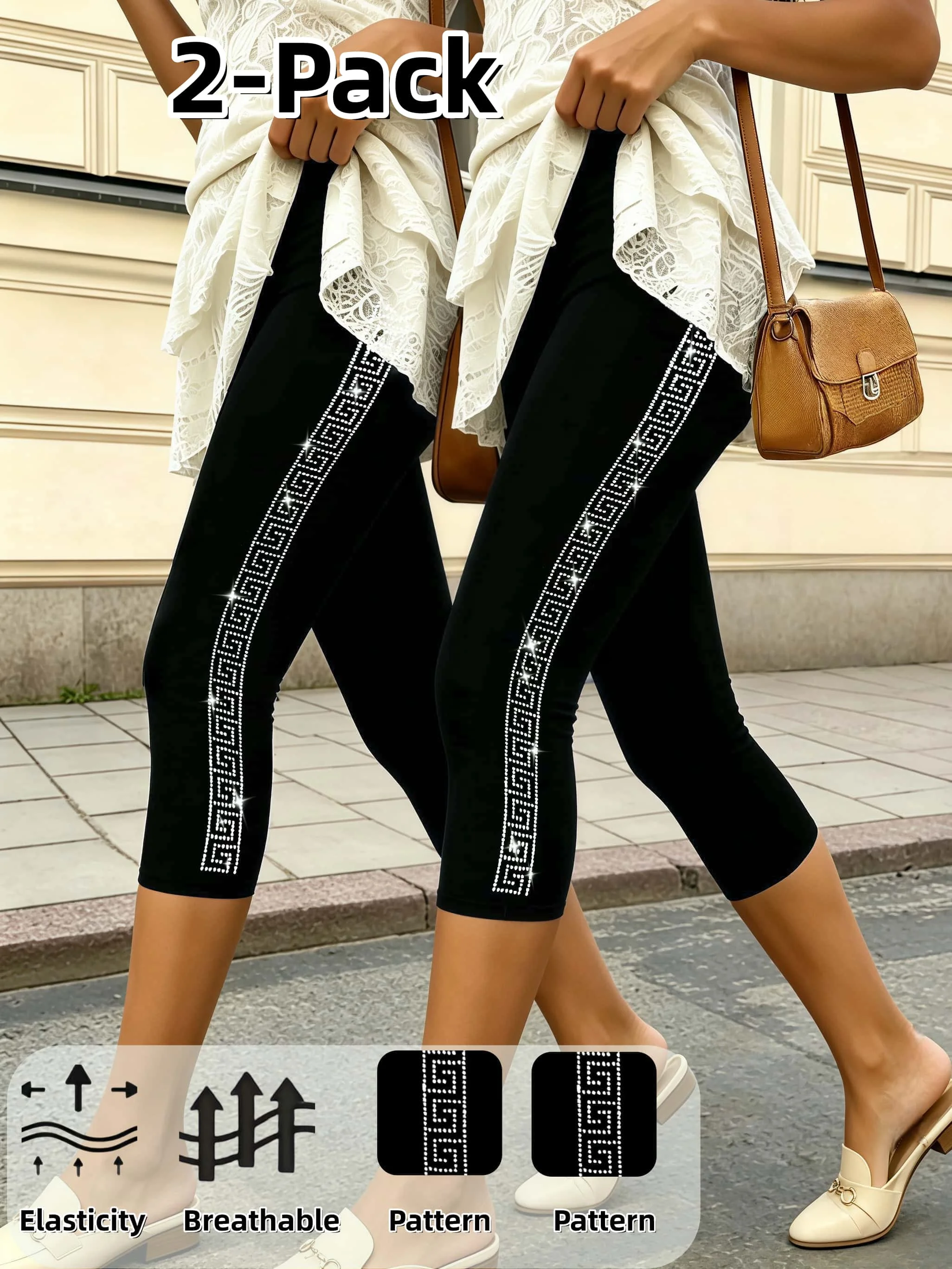 2 Pack Women's Rhinestone Capri Leggings High Elastic Comfortable Slim Fit Versatile Black Tights For Streetwear
