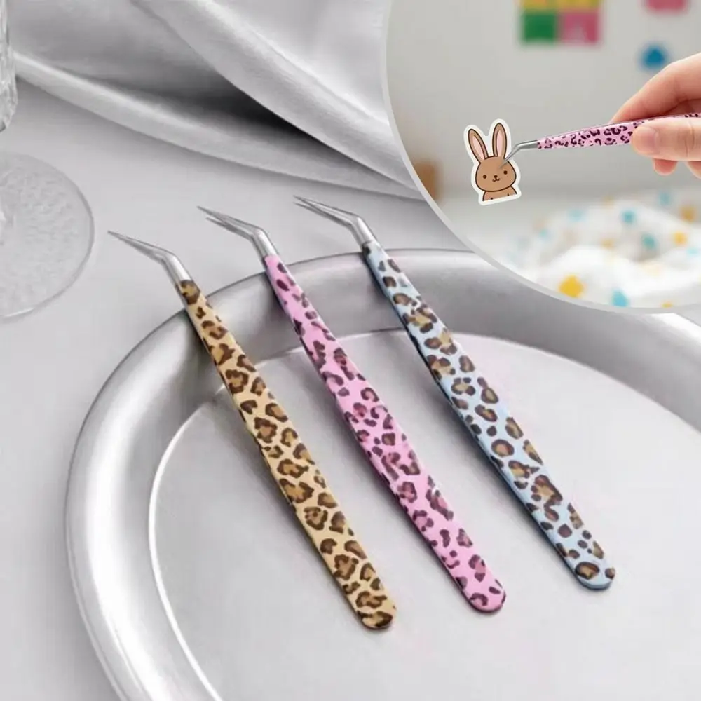 Stainless Steel Curved Stickers Tweezers Anti-static Leopard Print Lashes Extension Tweezer High Precision Eyelash Curler