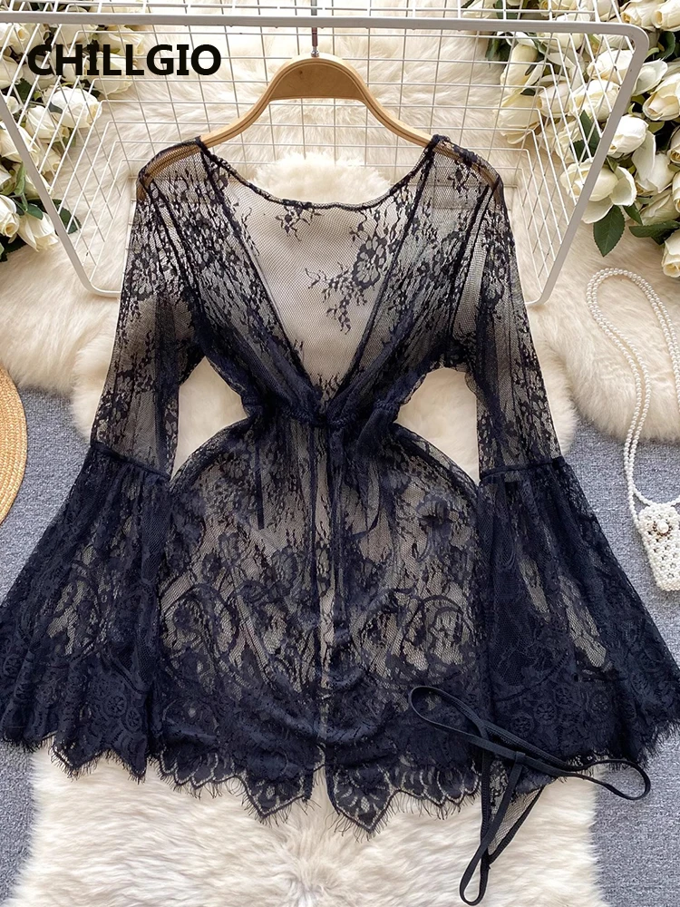 CHILLGIO Women Sexy Floral Lace Transparent Dress Erotic Long Sleeves Nightie Sleepwear Nightgowns Fashion 2 Piece Pajamas Suits