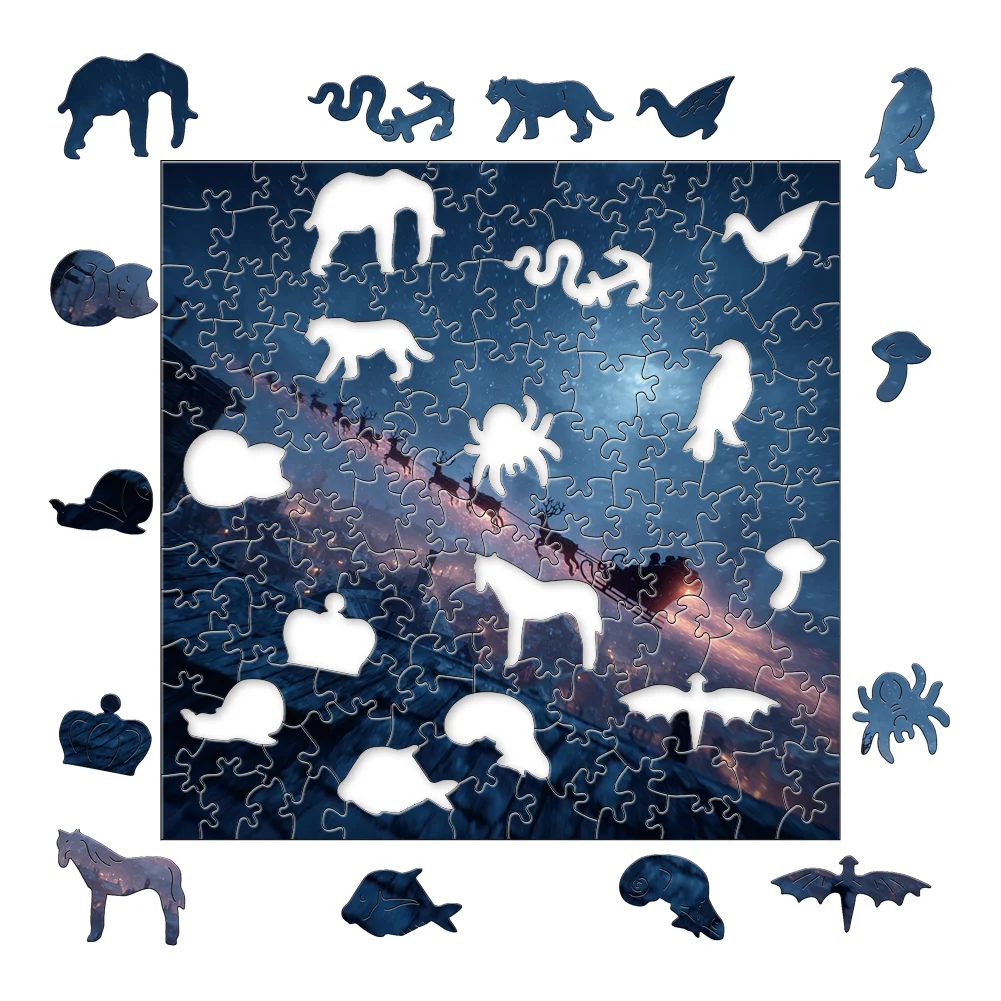 Rompecabezas de madera de Papá Noel y Reno bajo el cielo estrellado, divertido juego de fiesta, manualidades educativas DIY para adultos.