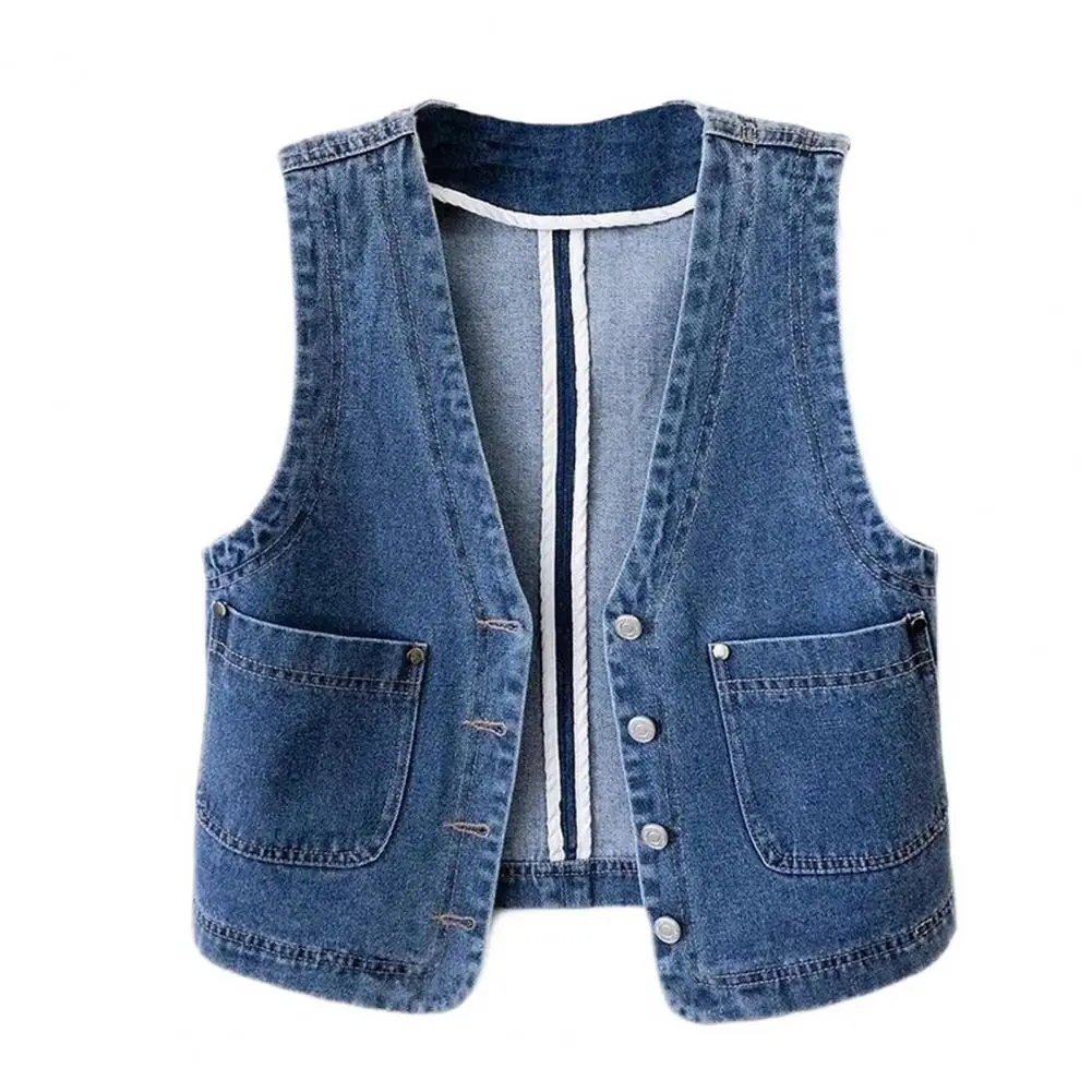 

Women Denim Vest V Neck Sleeveless Patch Pockets Single-breasted Cardigan Sleeveless Waistcoat Streetwear