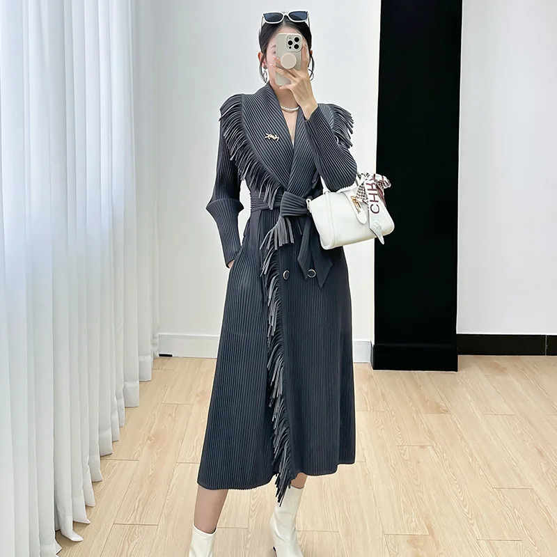 Miyake Top Women's 2024 Spring and Autumn Season New High End Pleated Tassel Lace Up Waist Slim and Versatile Mid Length Coat