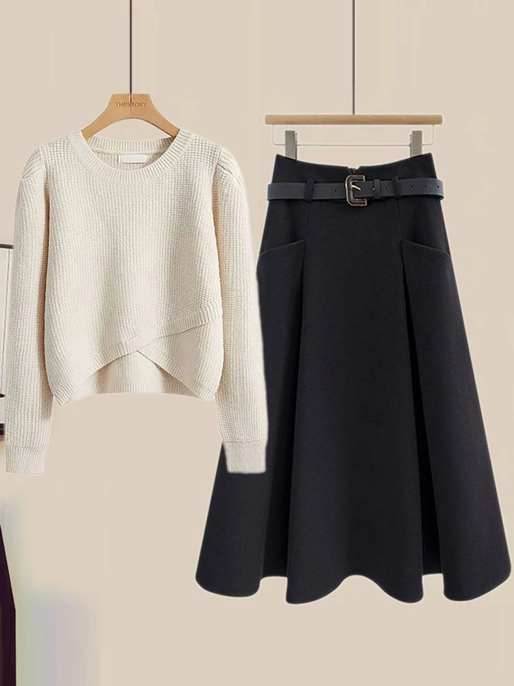

Модный корейский вязаный свитер и юбка, комплект из двух предметов, утягивающая осенняя одежда для женщин, Ele High-End Feel