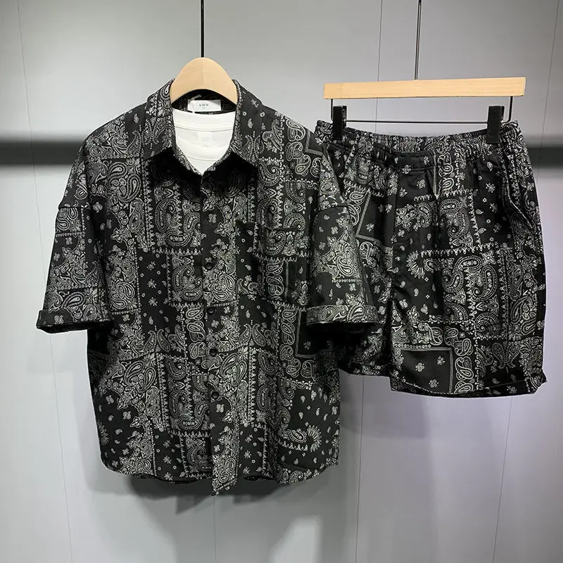 Europe and the United States men's clothing new summer Short sleeve vintage printed shirt shorts Fashion suit