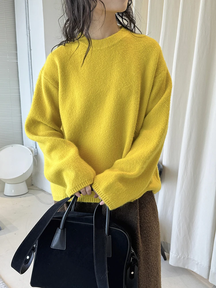 FANAN Koreaanse stijl breien trui voor vrouwen ronde hals lange mouw kantoor dame warme tops minimalisme 2025, winter nieuw