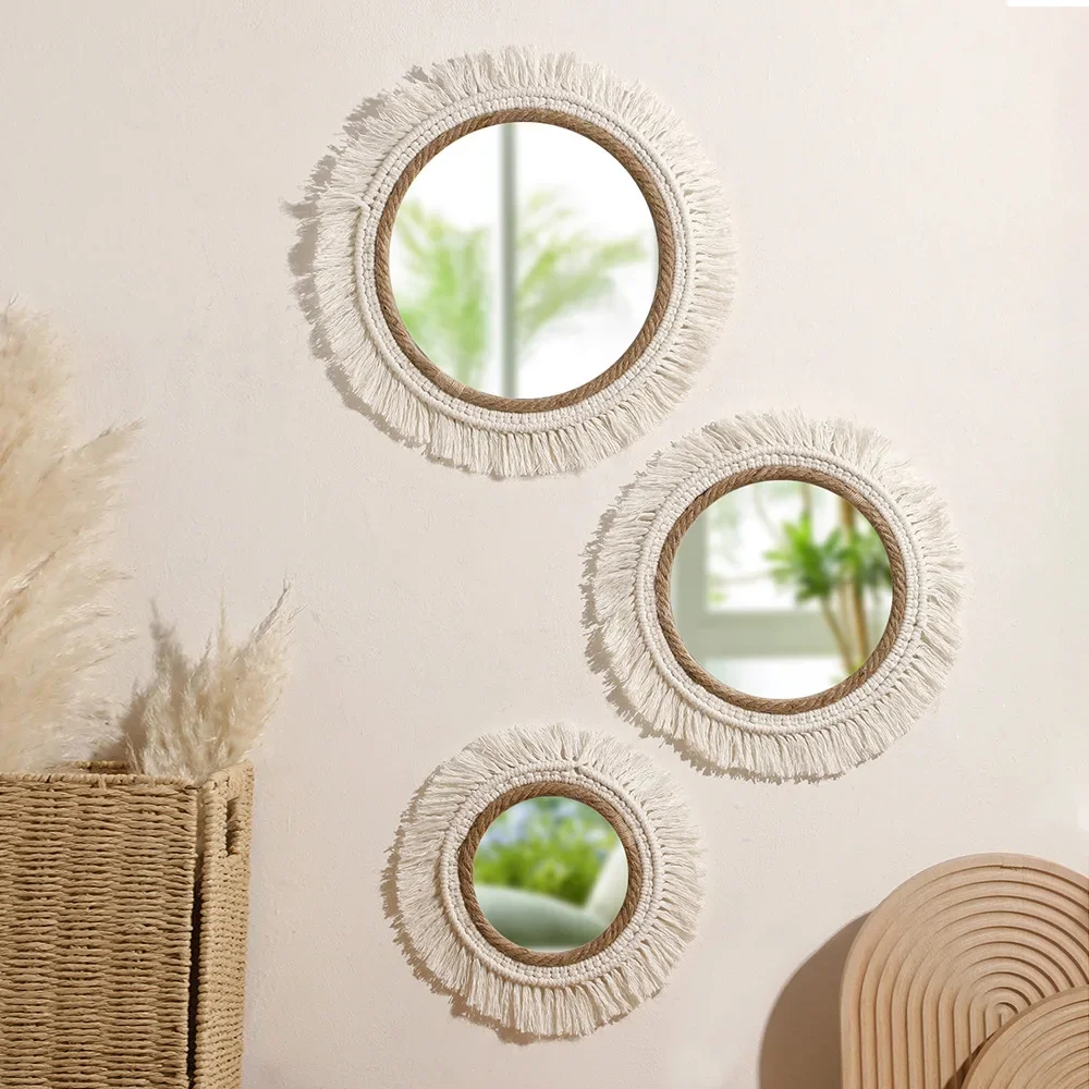 Hanging Decor Rustic Round Boho Circle Mirrors with Wood Bead Farmhouse Aesthetic Mirrors for Bedroom Living Room Wall Decor