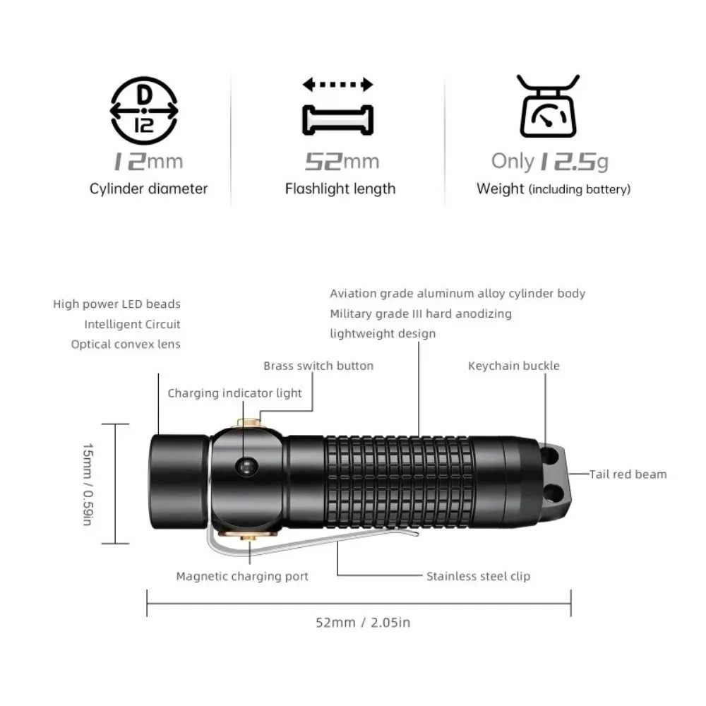 13g Clip Mini Flashlight 6-Mode Strobe Sos Aluminum Alloy Ultra-Thin Flashlight USB Magnetic Charging Work Light Hiking Camping