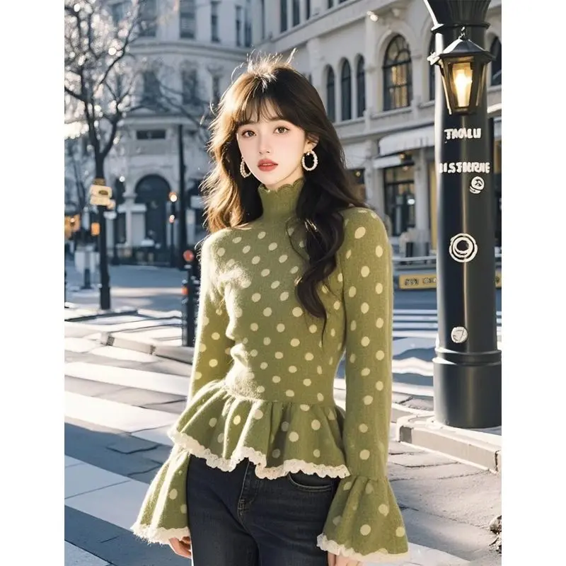 Fashionable Polka Dot Women's Dress Loose Mid-length Round Neck Pullover Printed Daily Long-sleeved Casual Top E11226