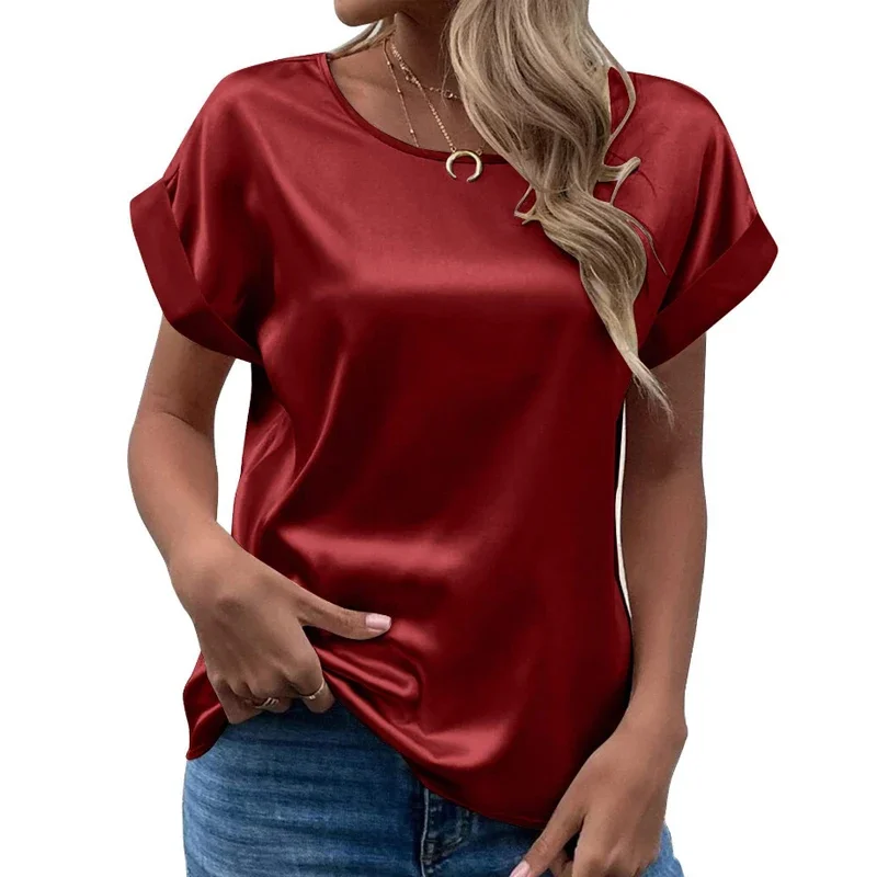 

2024 New Spring and Summer Casual Round Collar Clothes Elegant Women Short Sleeve Shirt Solid Color Simple Satin Blouse 25265