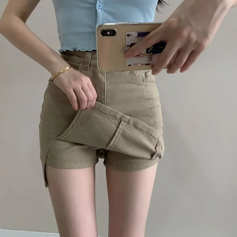 Xpqbb Khaki Women Denim Short Skirts Korean High Waist Anti-Glare Mini Skirt Woman 2025 Spring Summer Sexy Package Hip Skirt