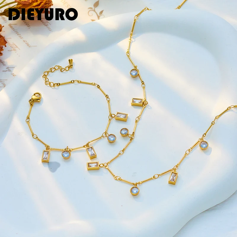 DIEYURO 316L Stainless Steel Geometric Square Round White Zircon Crystal Necklace Bracelet Jewelry Set For Women Birthday Gifts