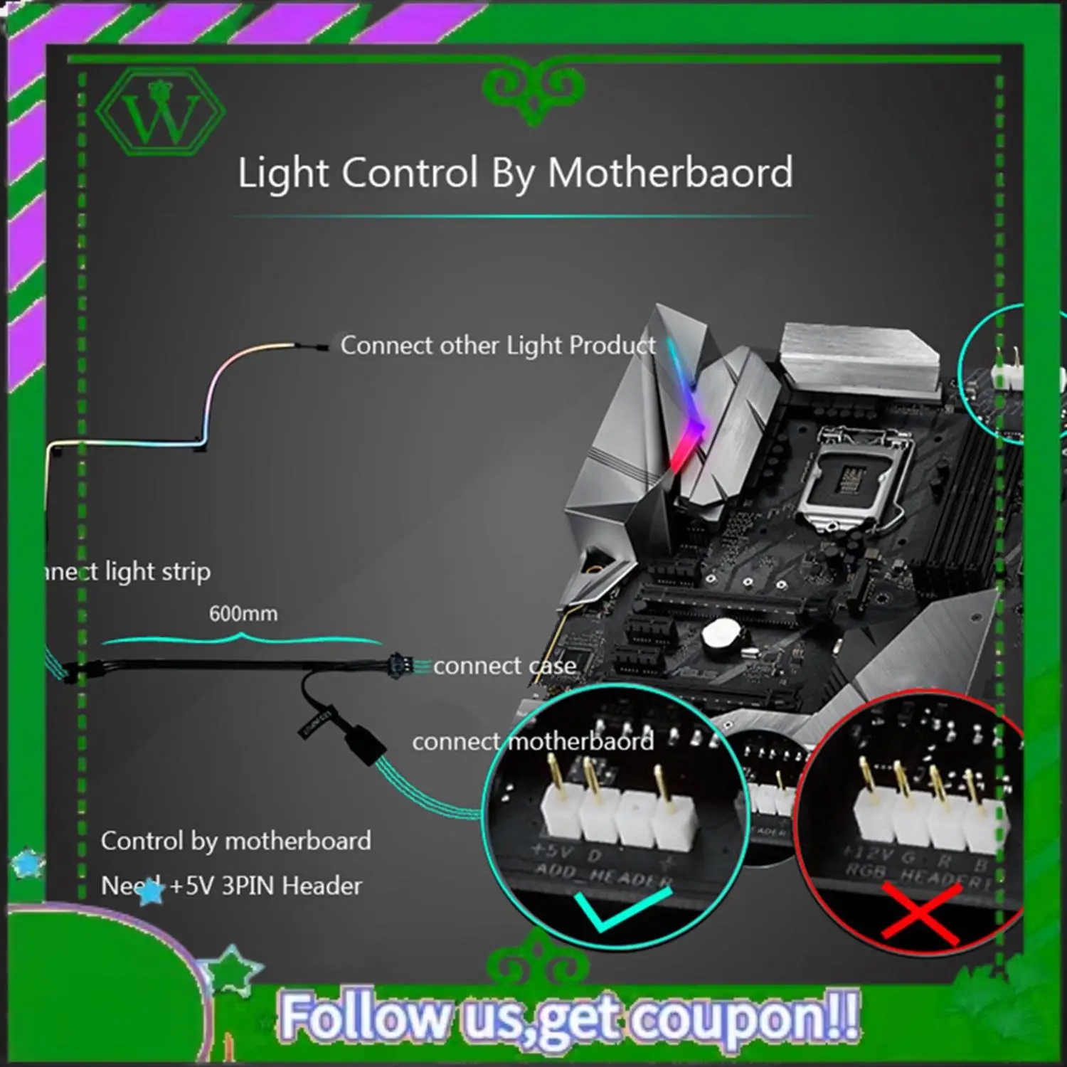 ABIK-1X phanteks m5 tira de luz argb neon computador caso decoração tira led 5v 3pin cabeçalho luz aura 550mm & 2pc 400mm