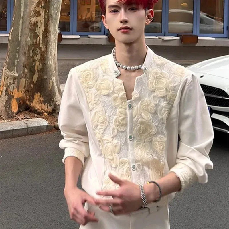 Men's Cream Stand Collar Long-Sleeve Shirt with Rose Embroidery Decorative Buttons Men's Shirts Fashion Men's Clothing