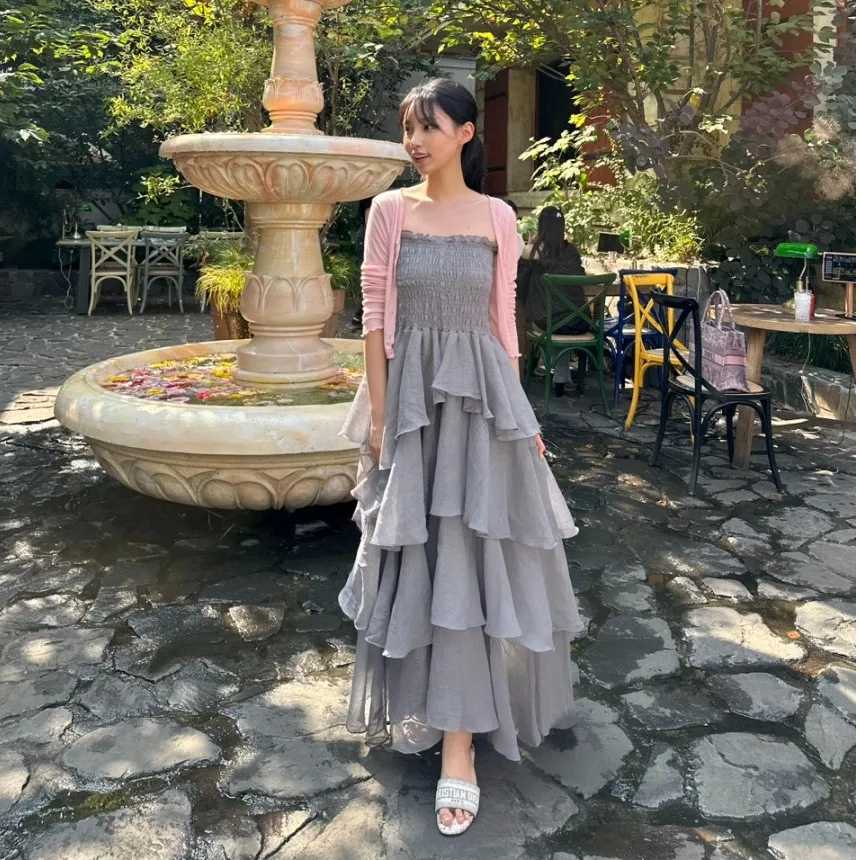 Ele Court Sle bolo longo em camadas Dr Strapl Korean Sle feminino Dr adequado para vários Ocns primavera outono...