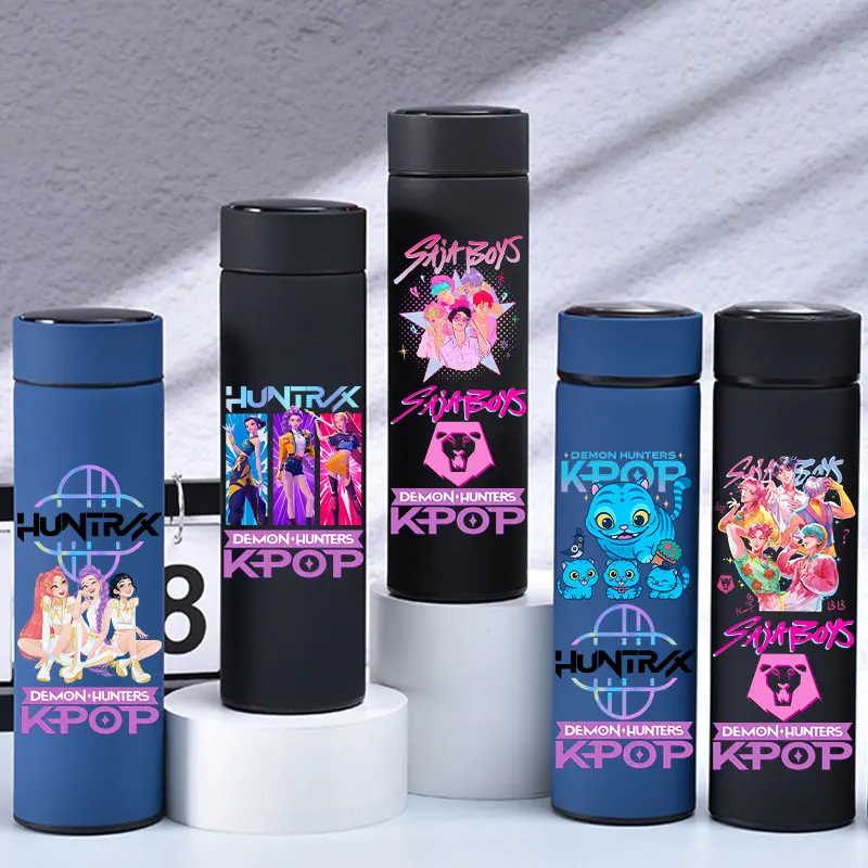 K-Pop Demon Hunters 500ML botella de agua de acero inoxidable mate estudiante dibujos animados Saja niños taza aislada al vacío regalos de cumpleaños