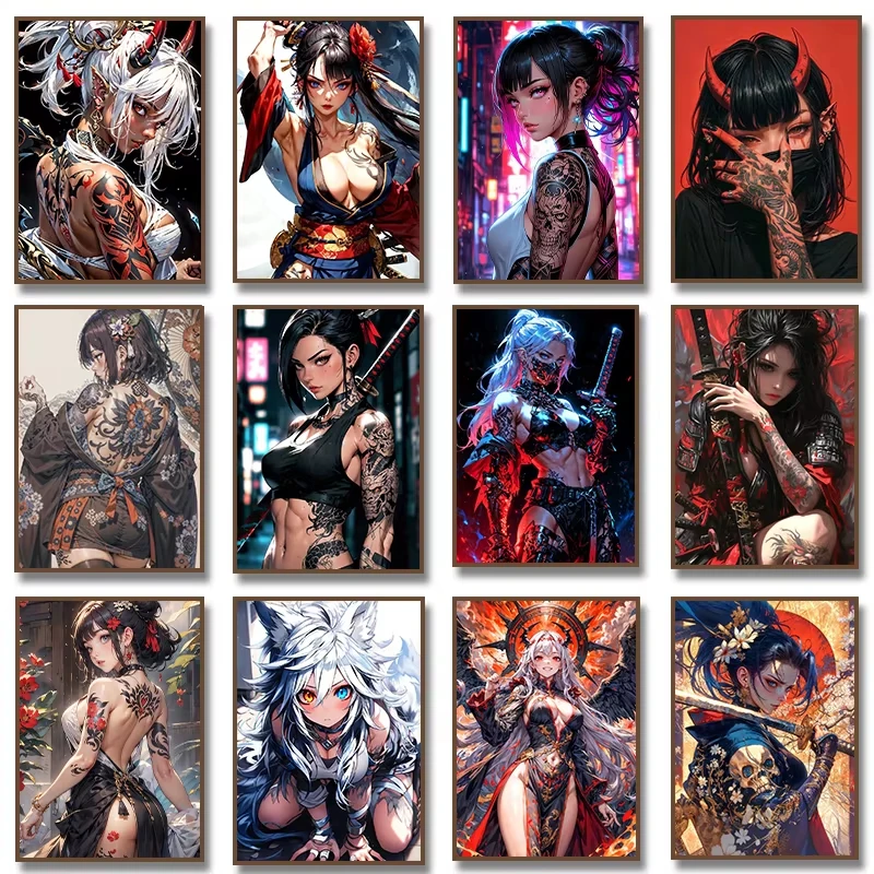 Sexy Beauty Anime Tattoo Girl Canvas  Wall Art Japanese Geisha Poster Prints Poster for Living Room Home Decor Frameless