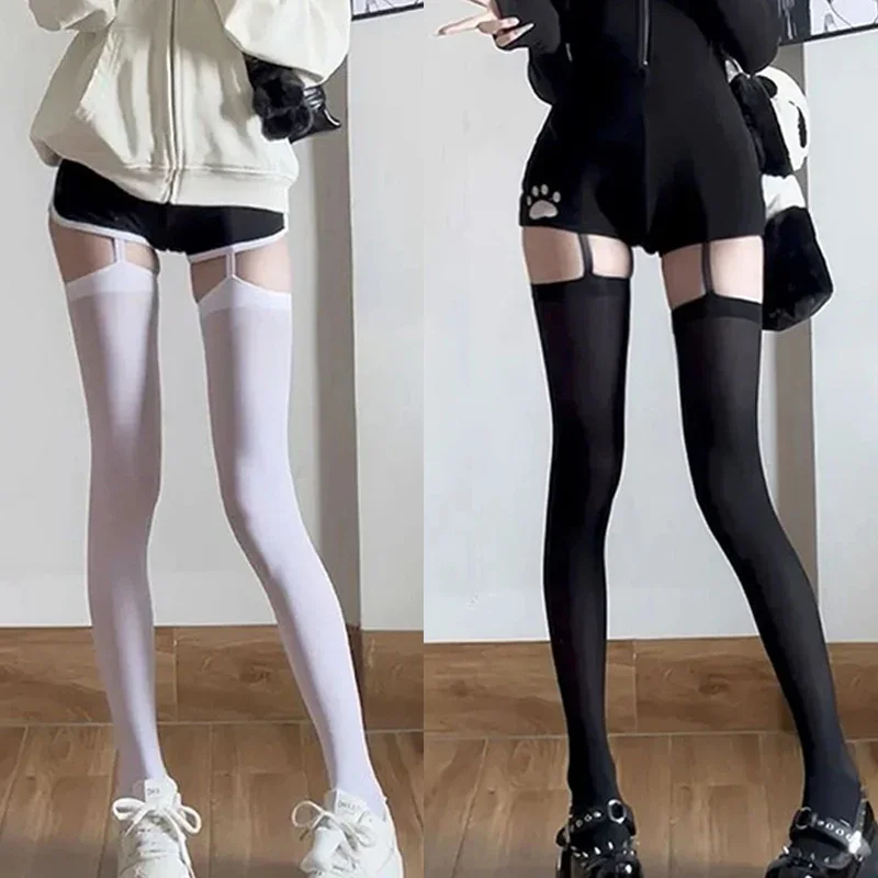 Sexy Suspender Thigh High Stockings Velvet Thin Black White Irregular Exposed Skin Lolita JK Japanese Knee High Socks Tight image 4