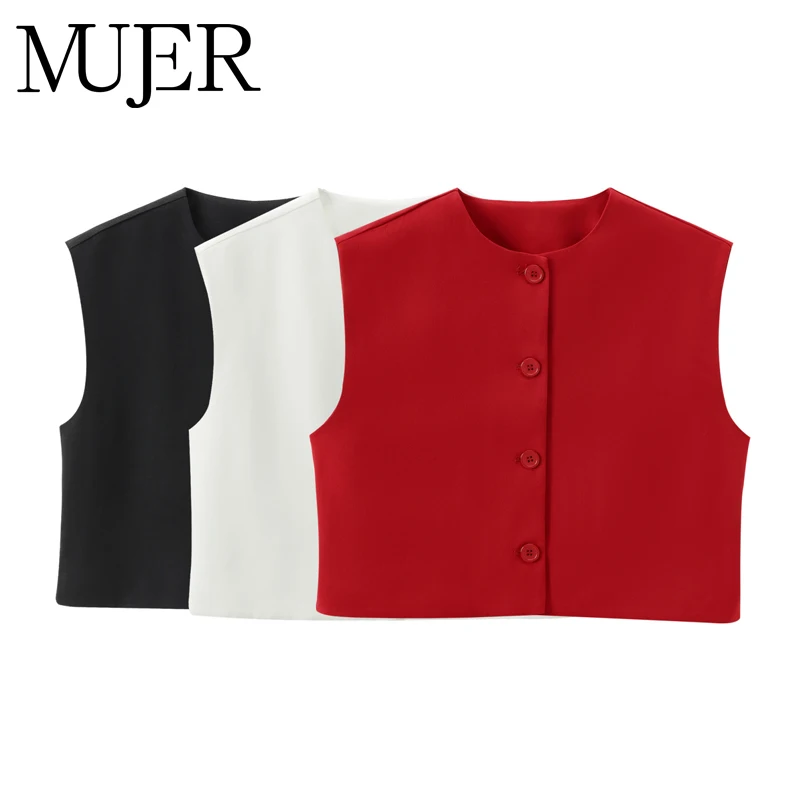 MUJER White Cropped Vests for Women Waistcoat Sleeveless Vest Woman Black Button Women's Tailored Vest Short Vest Top Women