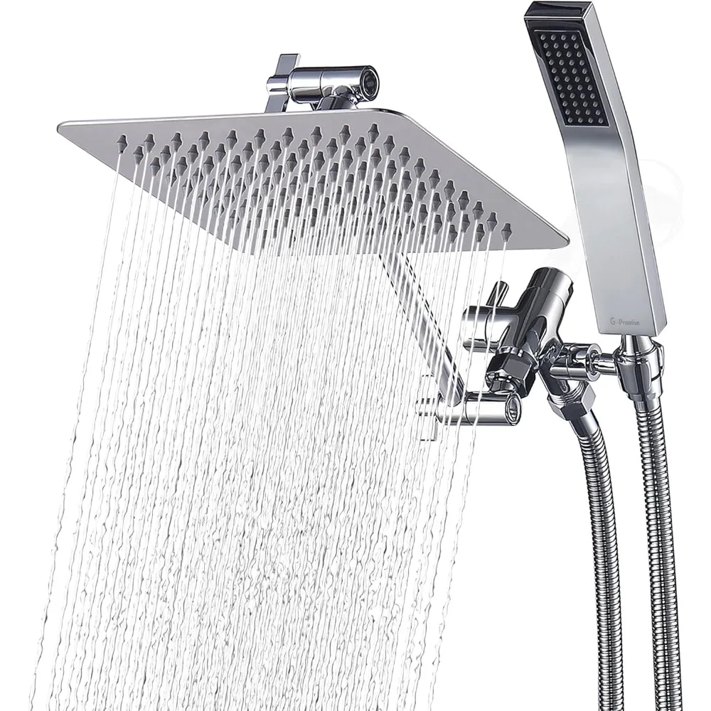 Chrome Dual Shower Combo: 8'' Rainfall + Handheld, Adjustable 3-Way Diverter, 71'' Hose Upgrade