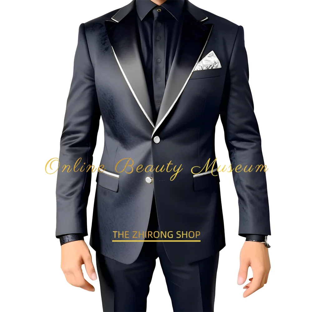 Trajes de hombre de 2 piezas, textura negra de lujo con chaqueta con acento dorado satinado, conjunto de pantalones, atuendo de fiesta de boda, esmoquin a medida para hombres