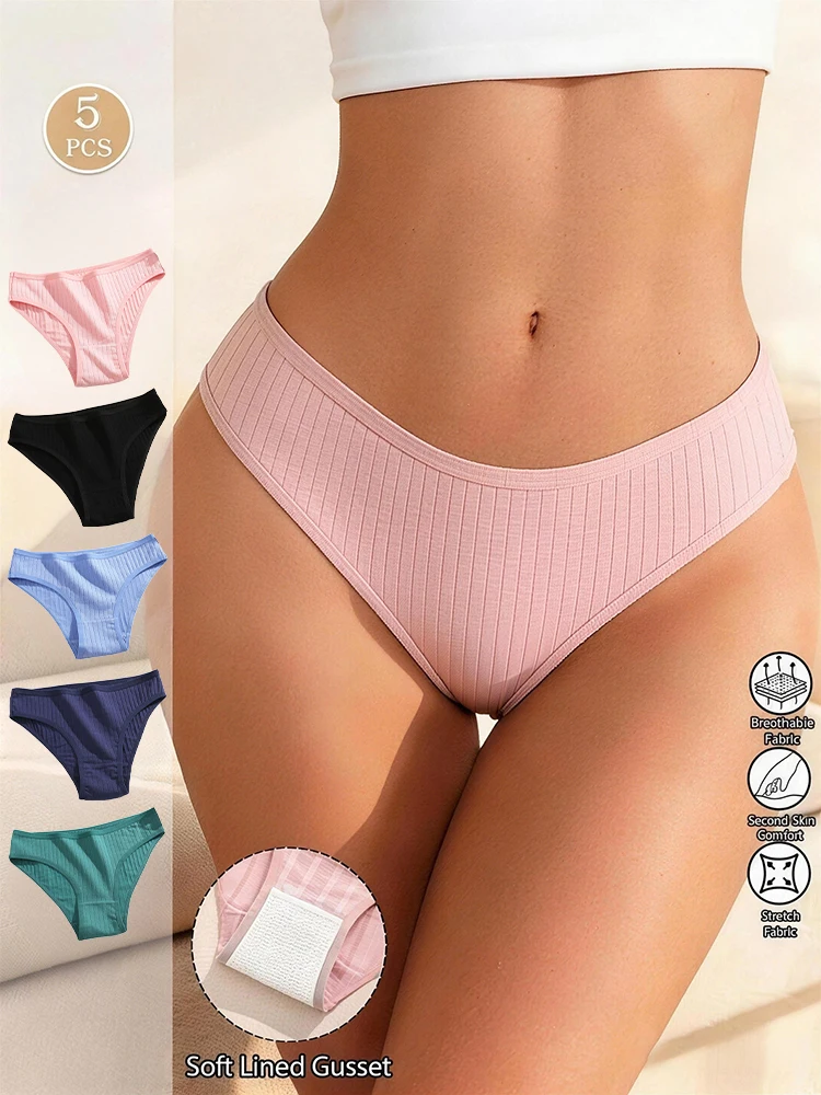 5Pcs/Set Women's Cotton Panties Striped Solid Color Brief Low-Waist Breathable Female Underwear Comfortable Stretch Lingerie New