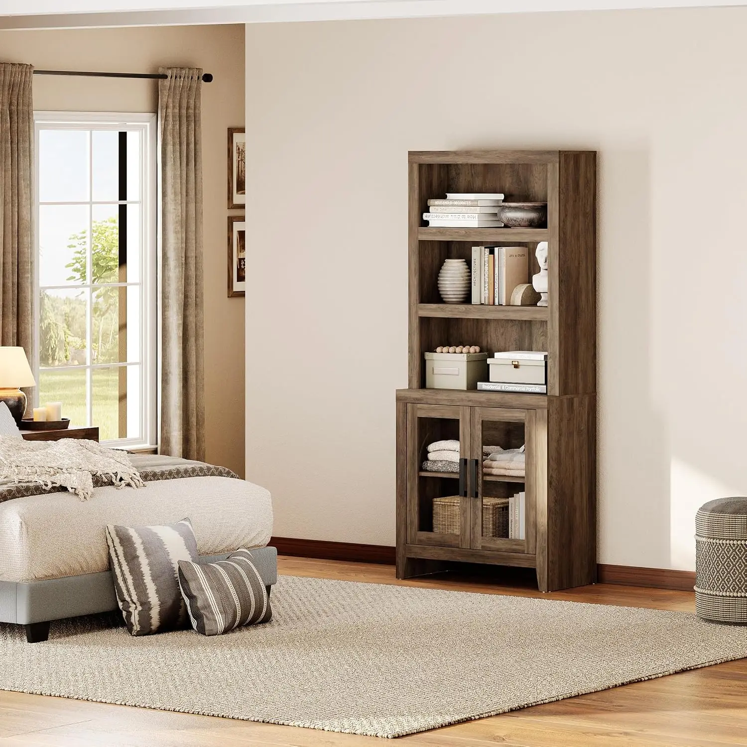 Wooden Bookshelf with Glass Door, 74" Tall Bookcase with Adjustable Shelf & Cabinet for Living Room Office, Brown, Customized view 6