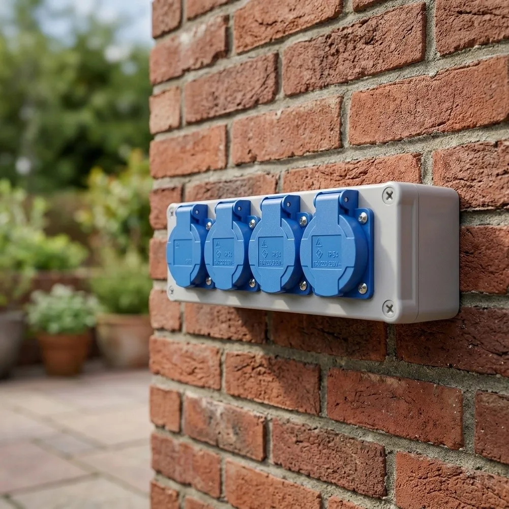 Waterproof Electrical Outlet Box IP54 With 4 Gang For Schuko-Plug 16A For Garden Workshop Garage And Building Projects