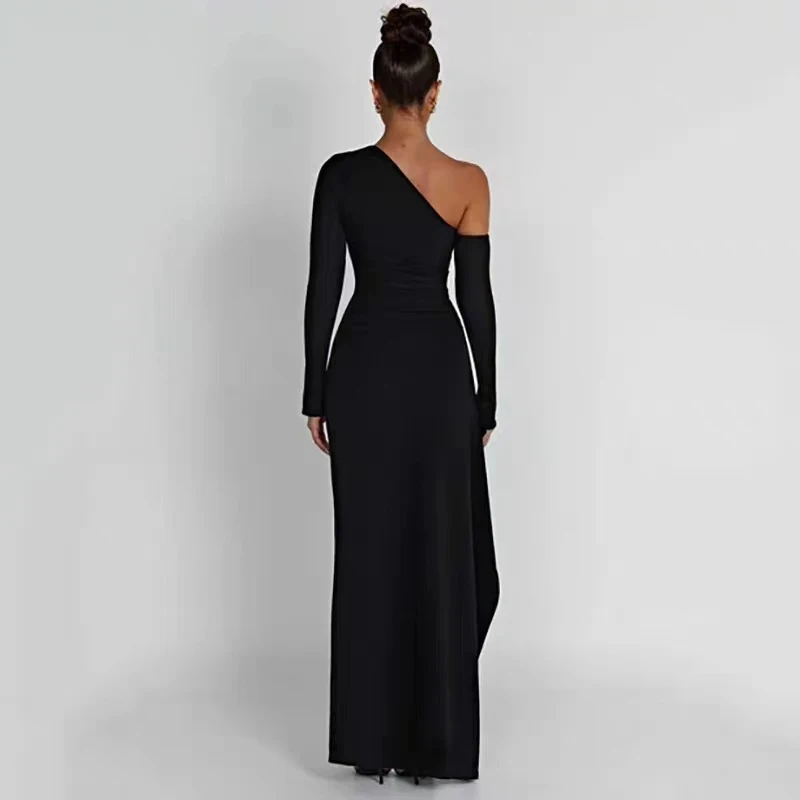 Sexy Diagonal Shoulder Black Dress Fashion Elegant Long Sleeve Split Women Dress Spring Party Evening Long Dress Vestidos