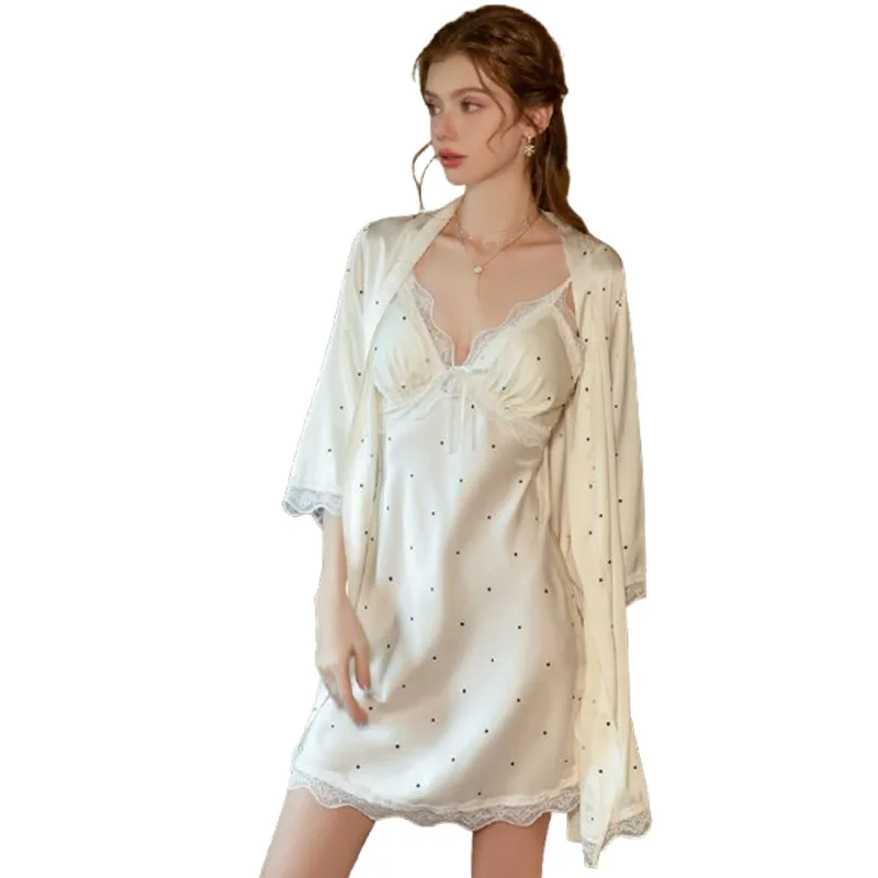 Smooth and Soft Quick Drying Lounge Sweet Polka Dot Print Lace Splicing Plus Chest Pad Satin Suspender Nightdress Robe Home Set