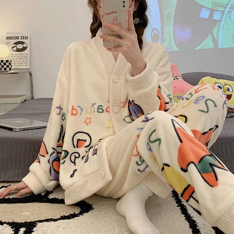 Flannel Pyjamas Women's Autumn Winter Round Neck Long Sleeve Cute Japanese Cartoon Student Warm Home Clothes Set