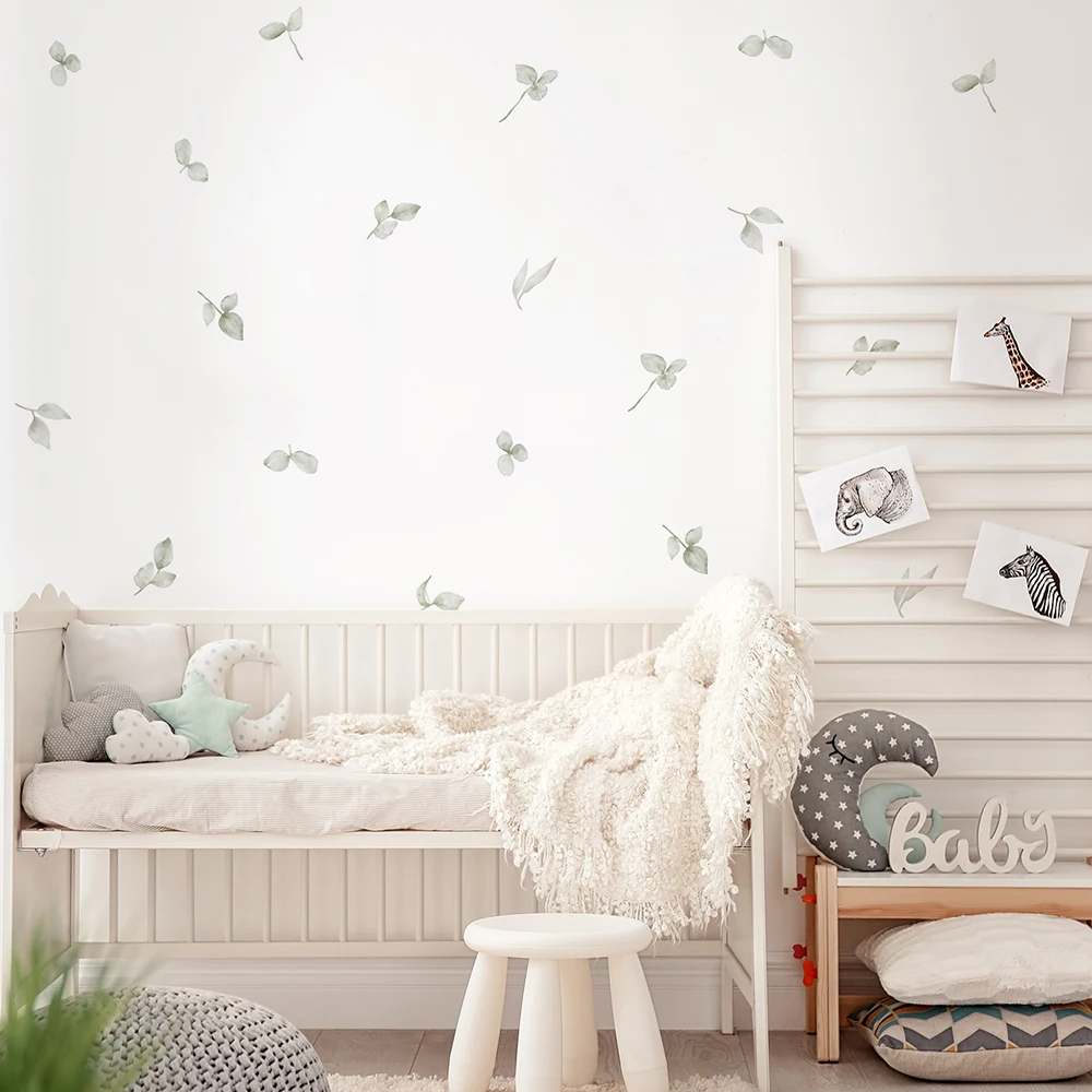 Boho Green Leaves Hand Drawn Wall Stickers Vinyl Nursery Removable Wall Decals for Kids Room Living Room Interior Home Decor