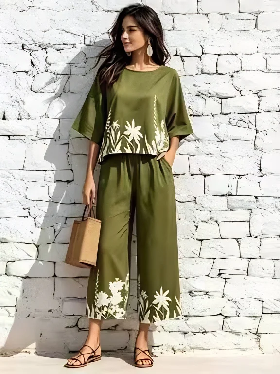 Damen Zweiteiler mit Blumenmuster, 3/4-Ärmel-Oberteil, Weite Hose, Lässiges Urlaubs-Outfit – Detail 7